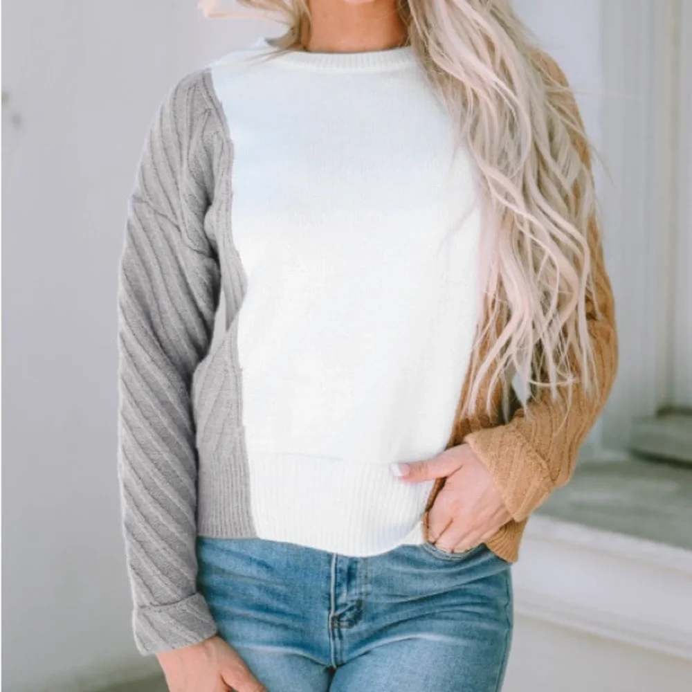 Cozy Sweater, Color Block, Cable Knit Texture, White/Tan/Gray, M L XL 2X - Picture 10 of 16